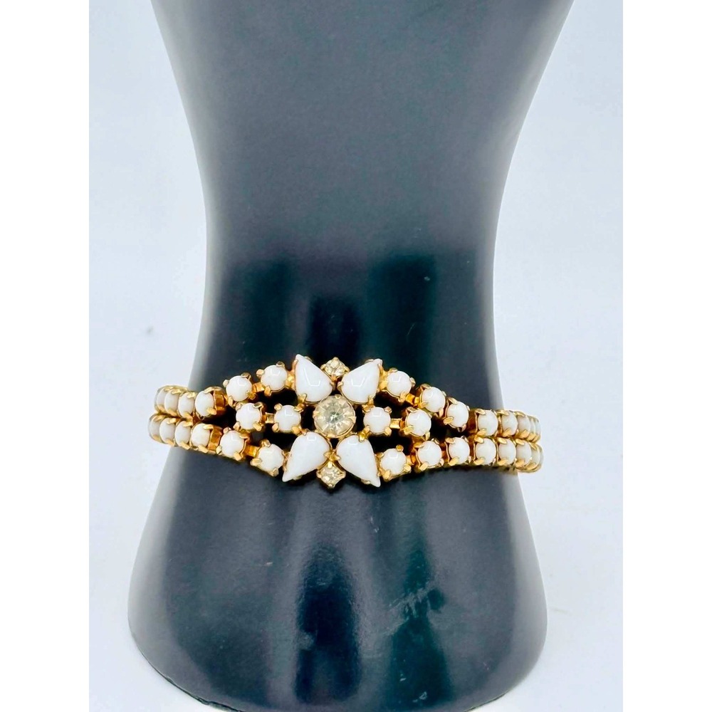 Vintage Gold Tone Milk Glass and Clear Rhinestone 1950's - 1960's Bracelet 7.25"